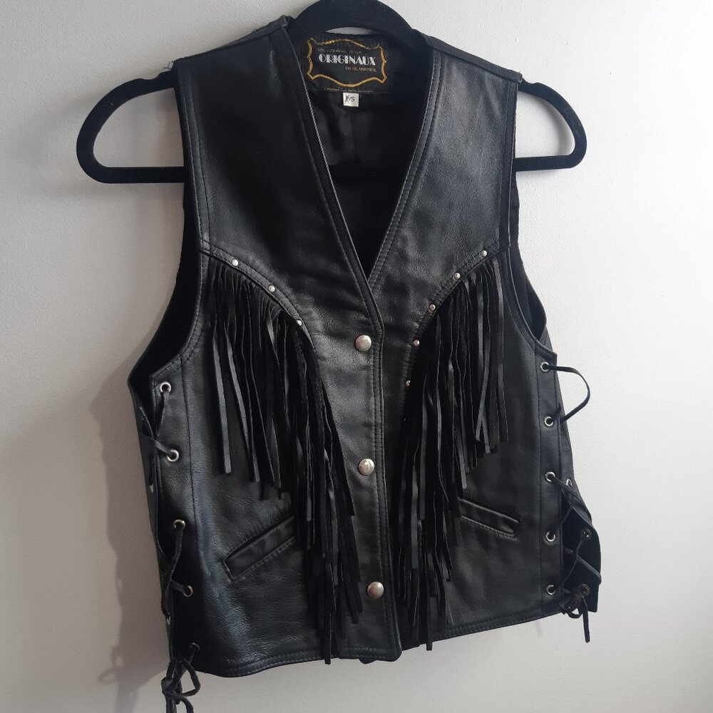 Vintage Genuine Leather Fringe Vest Biker Western Black Lace Up Made in Canada S - Picture 2 of 11